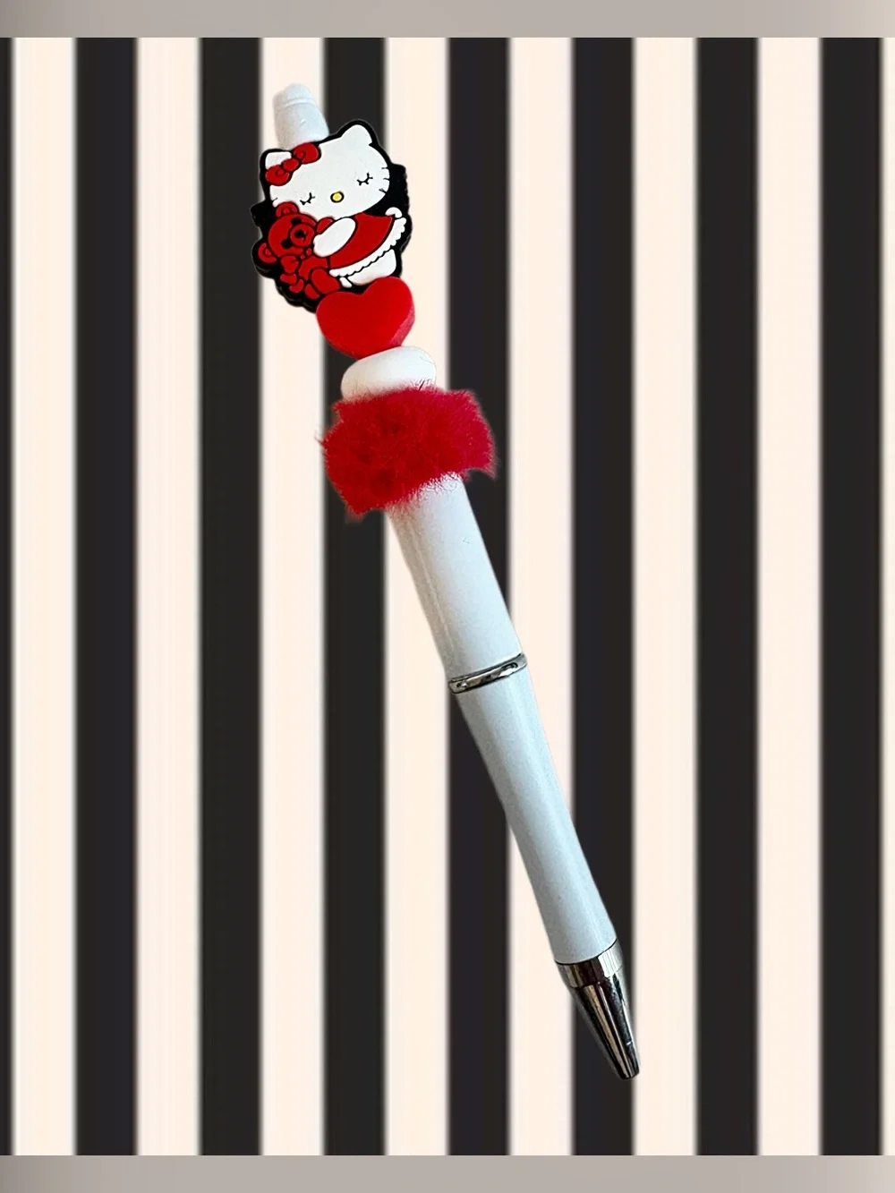 Hello Kitty Red Custom Beaded Ink Pen Red & White